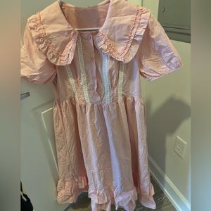 Kawaii Cute Contrast Collar Ruffle Trim Puff Sleeve Long Dress with Side Zip